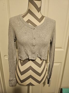 aerie Gray Ribbed Long-Sleeve Crop Top